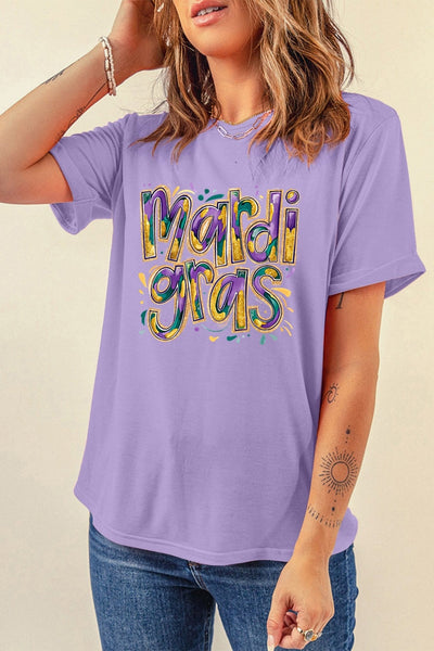 Women's Wisteria Mardi Gras Graphic Tee: Cotton-Blend Casual Top