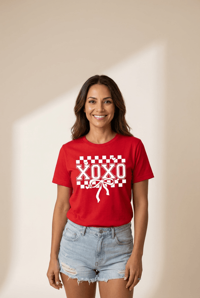 Women's XOXO Checkered Graphic Tee with Bow Detail