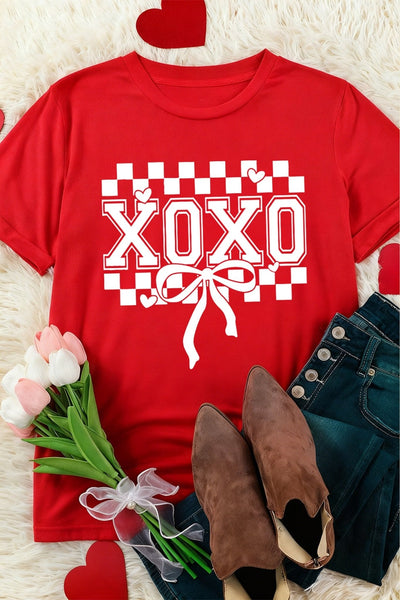Women's XOXO Checkered Graphic Tee with Bow Detail