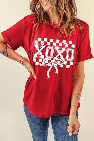 Women's XOXO Checkered Graphic Tee with Bow Detail