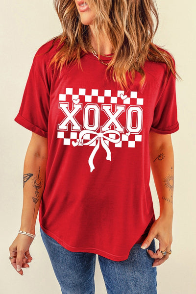 Women's XOXO Checkered Graphic Tee with Bow Detail