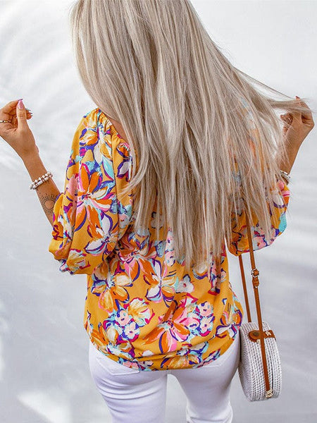 Yellow Floral Chiffon Printed Women'S Pullover With Elastic Neckline