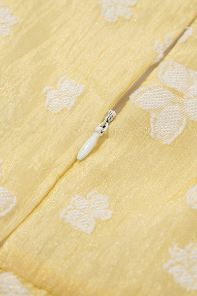 Yellow Floral Jacquard Boho Puff Sleeve Mini Dress