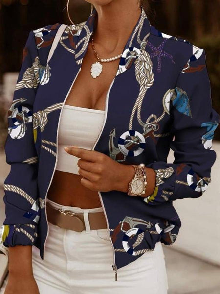 Women's Zip Embellished Printed Long Sleeve Jacket