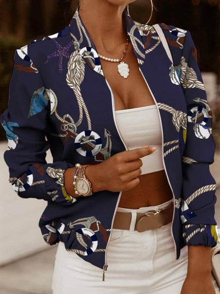 Women's Zip Embellished Printed Long Sleeve Jacket
