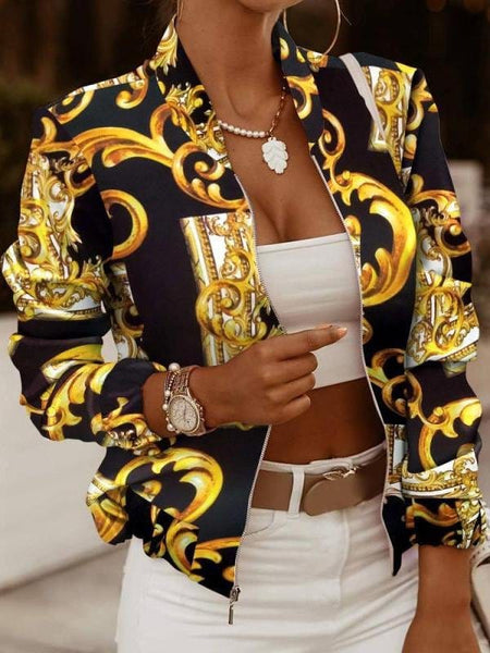 Women's Zip Embellished Printed Long Sleeve Jacket