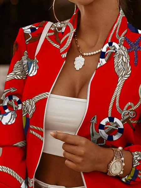 Women's Zip Embellished Printed Long Sleeve Jacket
