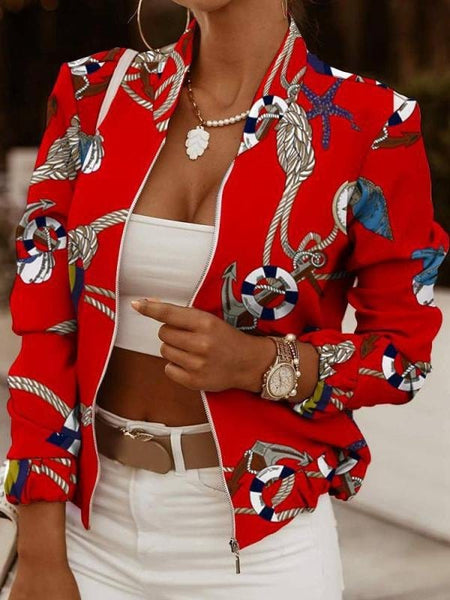 Women's Zip Embellished Printed Long Sleeve Jacket