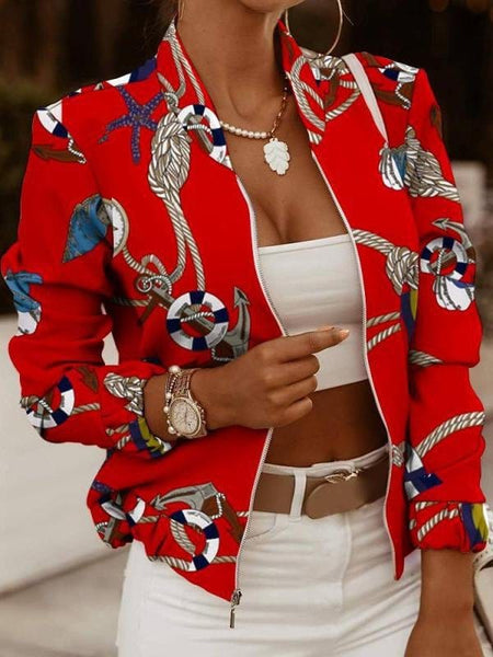 Women's Zip Embellished Printed Long Sleeve Jacket