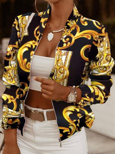 Women's Zip Embellished Printed Long Sleeve Jacket