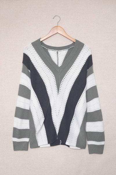 Zipper V-Neck Striped Printed Long Sleeve T-Shirt