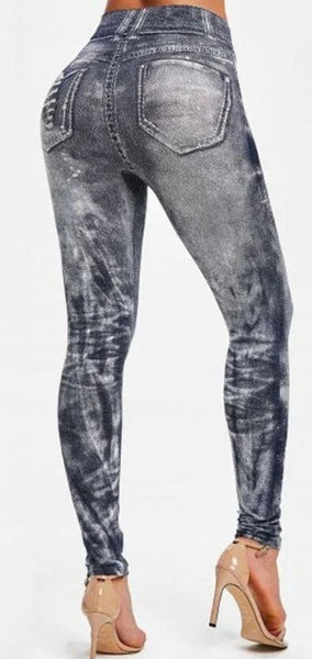 Distressed Denim Elastic Pants