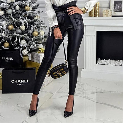 Office Tie Leather Pants