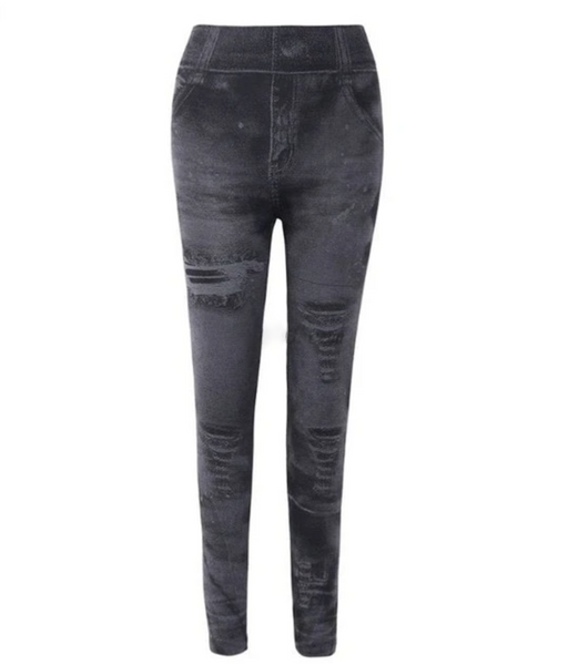 Distressed Denim Elastic Pants