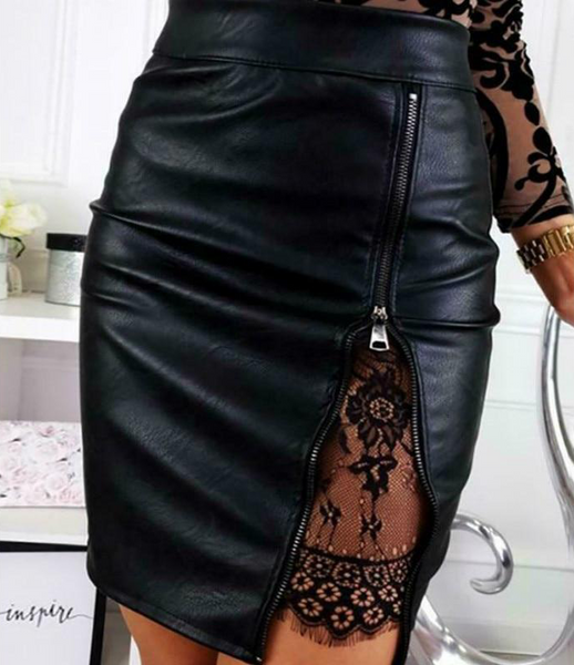 High Waist Zip Leather Skirt