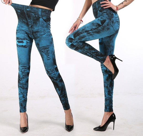 Distressed Denim Elastic Pants