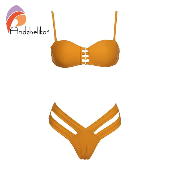 Andzhelika Sexy Yellow Bandeau Bikini Women Swimsuit Bandage Bikini Set Low Waist Brazilian Beach Bathing Suit Swimwear Monokini  28.67 Fashion Play